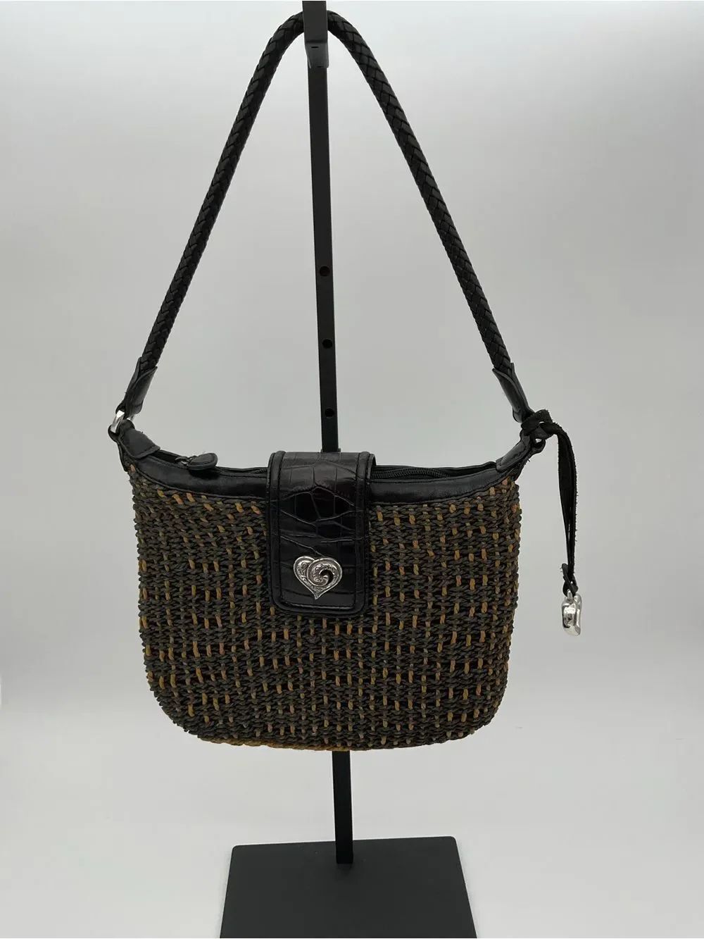 Brighton Black & Brown Woven Shoulder Bag with Heart Clasp